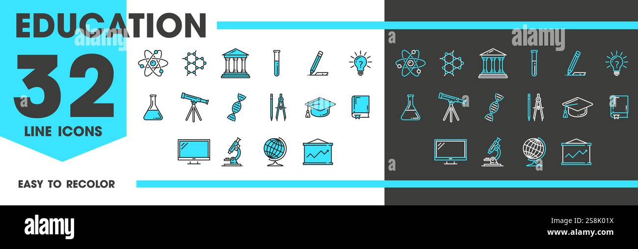 Icônes de ligne d'éducation, symboles linéaires vectoriels de l'apprentissage et des activités académiques. Livre, crayon, boussole, bonnet de graduation, tableau noir ou ordinateur, chimique Illustration de Vecteur