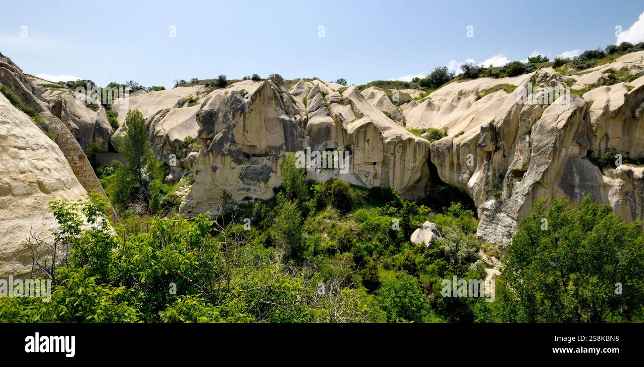 Formations rocheuses de champignons et habitations de montagne sculptées, parc national de Goreme, Uchisar, Turquie Banque D'Images