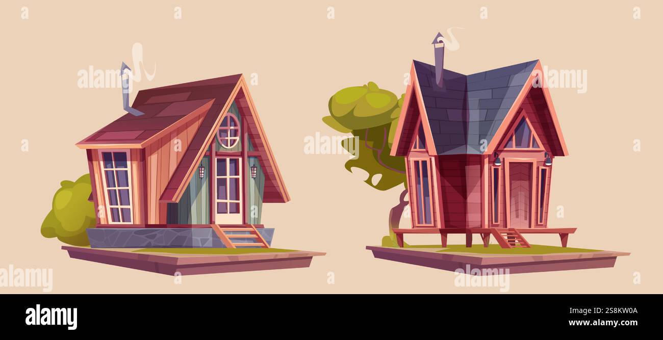 Conception de cabane en bois de dessin animé - maisons forestières confortables sur des plates-formes avec des toits inclinés, des fondations en pierre et sur pilotis, des buissons verts et des arbres. Actifs de jeu de chalet de banlieue pour l'aventure ou le simulateur de bâtiment. Illustration de Vecteur