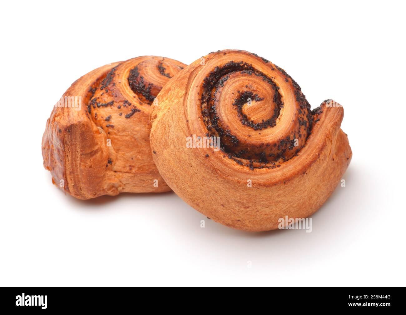 Deux petits pains feuilletés sucrés avec des graines de pavot isolés sur blanc Banque D'Images Deux petits pains feuilletés sucrés avec des graines de pavot isolés sur blanc Banque D'Images