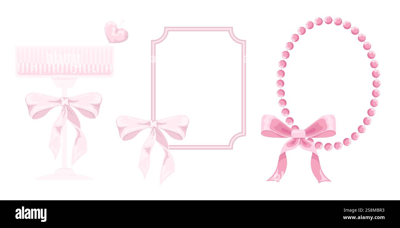 Illustration vectorielle du cadre vintage girly rose et de l'ensemble d'arc. Verre à champagne rose. Rubans isolés. Accessoires tendance pour filles. Éléments de coiffure mignons Illustration de Vecteur