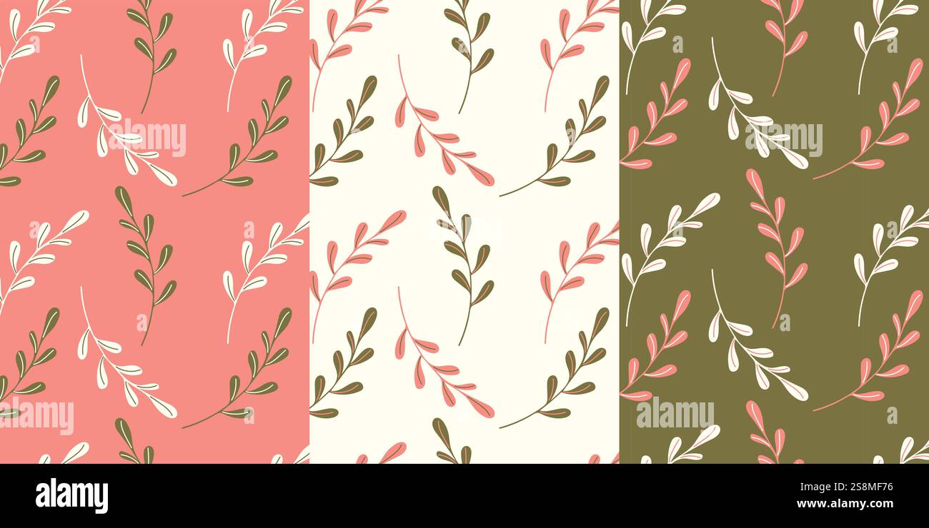 Motifs textiles botaniques, ensemble de motifs à base de plantes avec des brindilles dans des couleurs rose pastel. Illustration vectorielle Illustration de Vecteur