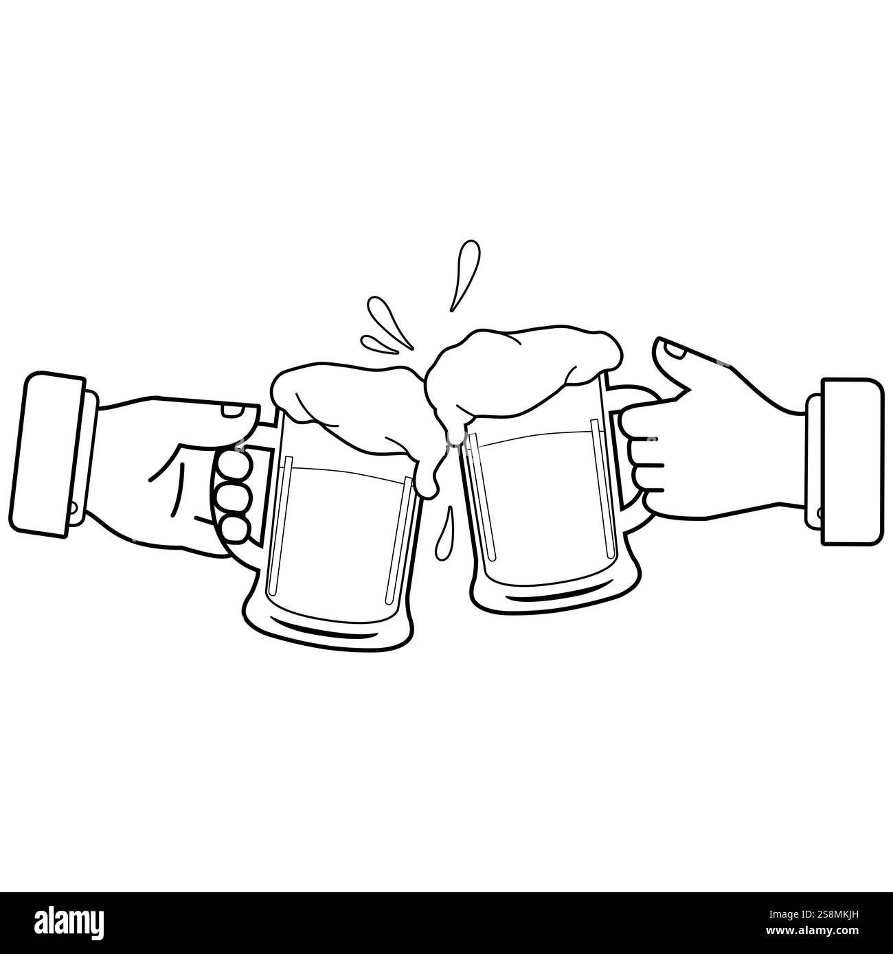 Hommes d'affaires toast avec de la bière. Salutations avec des tasses à bière. Mains tenant de la bière. Coloriage noir et blanc Banque D'Images