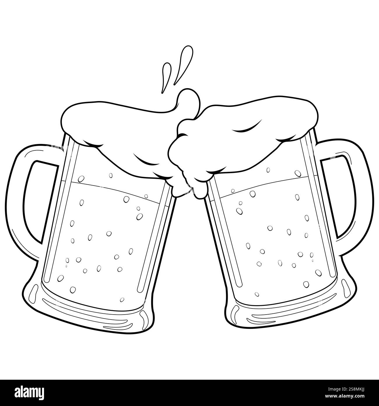 Toast à la bière. Sertir des verres pleins de bière et de mousse éclaboussée. Fête de la bière au bar ou au pub. Coloriage noir et blanc Banque D'Images