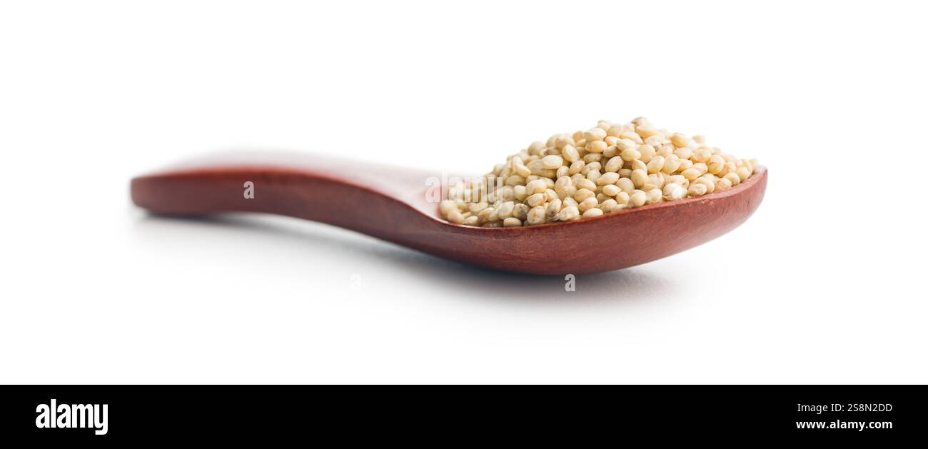 Graines de quinoa blanches non cuites sur cuillère isolées sur fond blanc. Banque D'Images