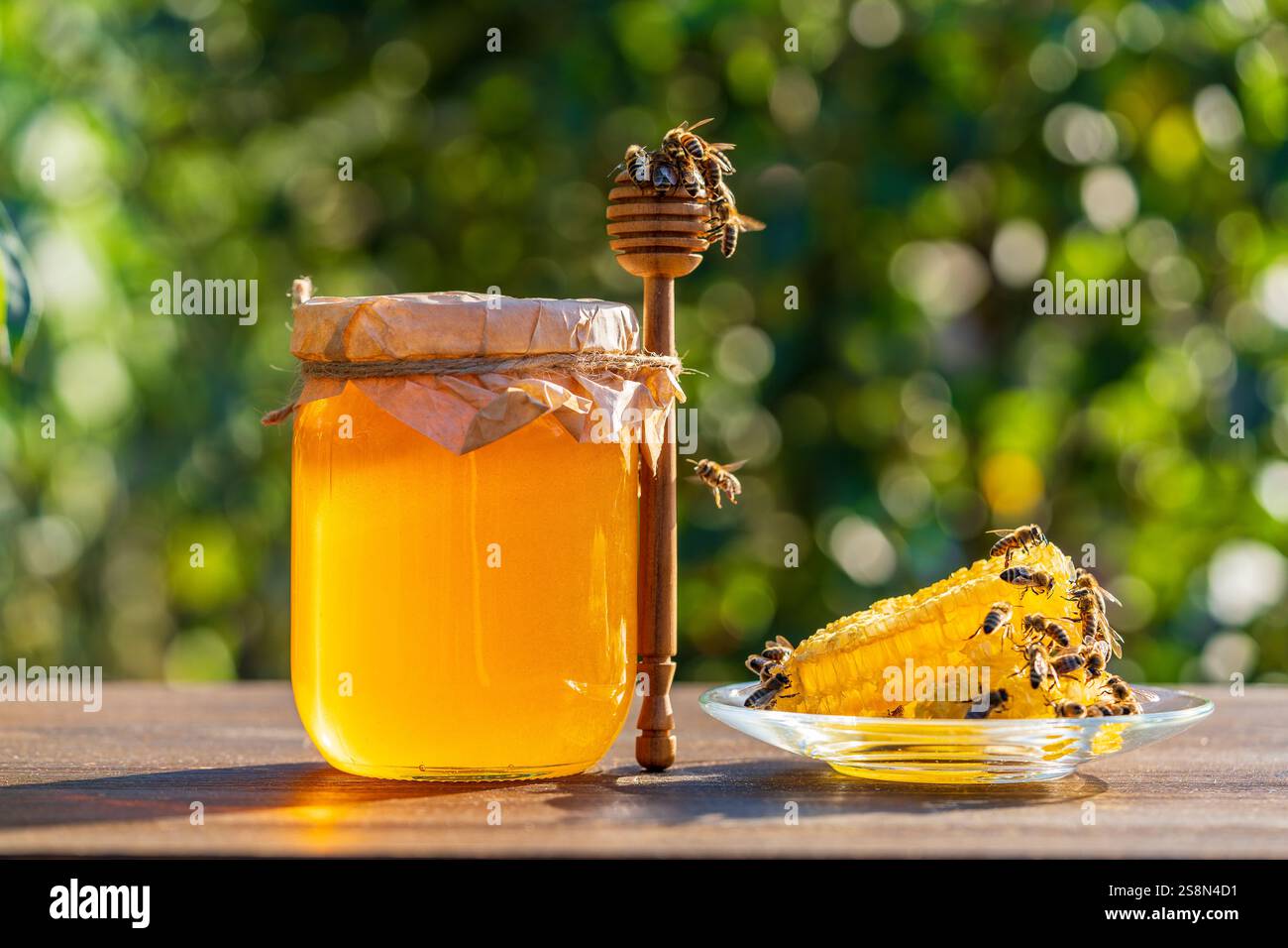 Miel frais avec un plongeur de miel en bois et des abeilles sauvages le jour ensoleillé sur fond de nature, gros plan. Concept d'alimentation saine. Miel floral biologique en g Banque D'Images