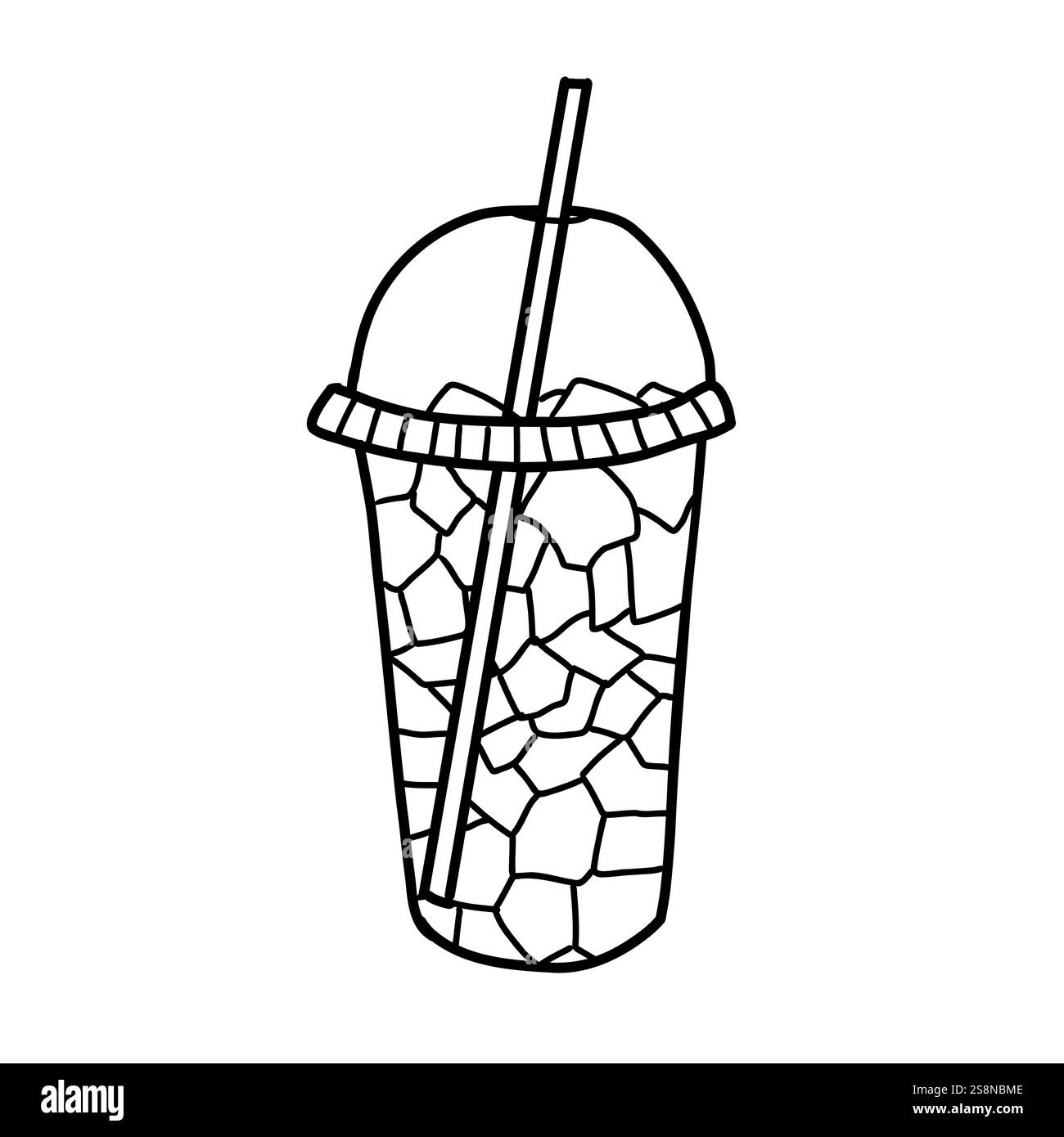 Cola, soda, thé glacé avec glaçons et paille dans une tasse à emporter. Un dessin de contour noir et blanc. Illustration de style minimaliste dans Doodle style Illustration de Vecteur