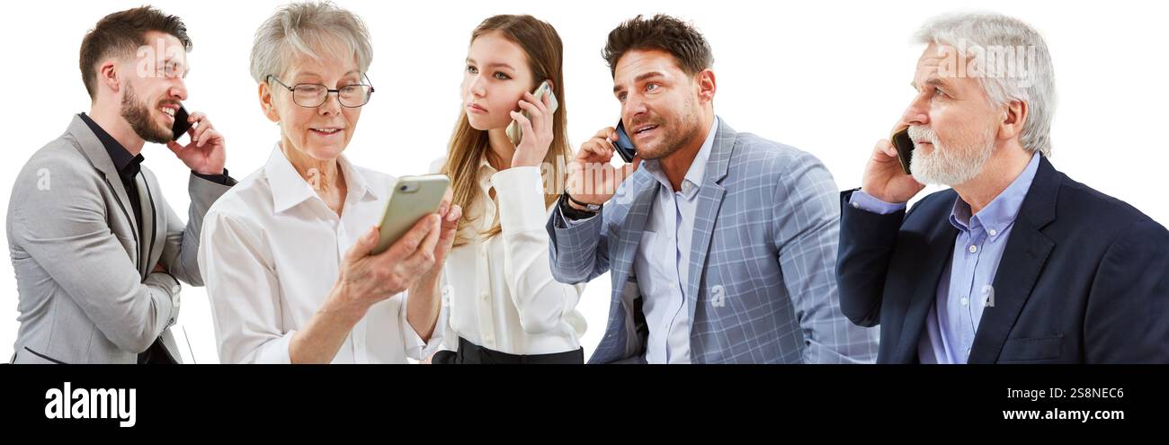 Collage de gens d'affaires parlant au téléphone et utilisant leur smartphone au bureau Banque D'Images