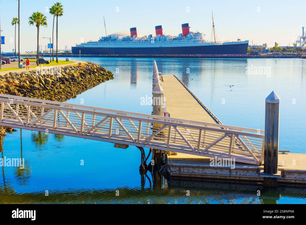Long Beach, Californie - 15 janvier 2025 : vue panoramique d'un quai avec le navire Queen Mary reflété dans les eaux calmes du port de long Beach, encadré par Pal Banque D'Images