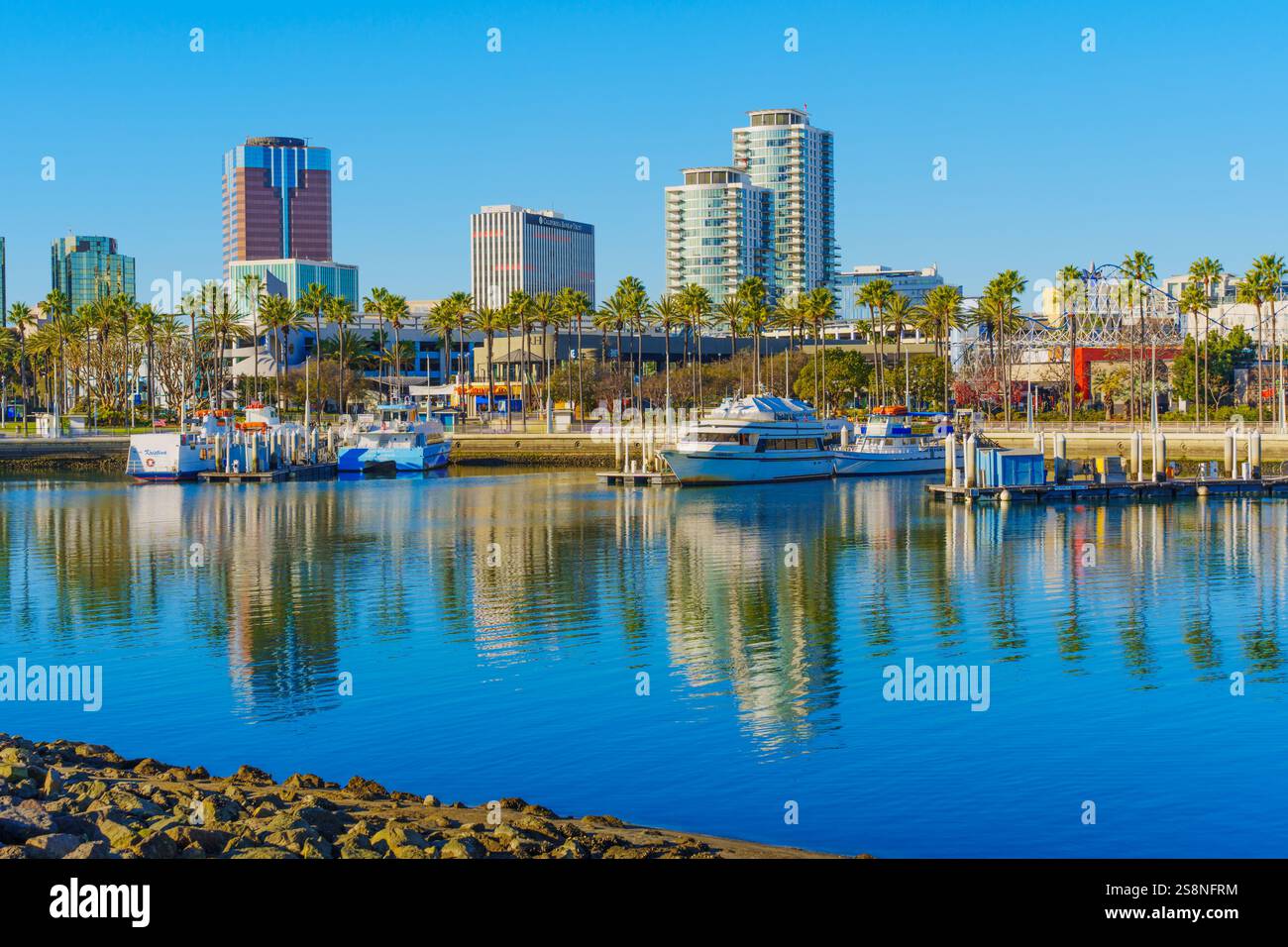 Long Beach, Californie - 15 janvier 2025 : vue sur la marina avec California Bank and Trust, First National Bank et Hyatt Regency contre un blu clair Banque D'Images