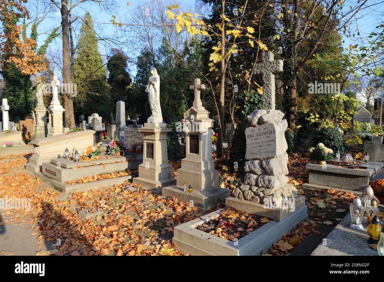 CRACOVIE, POLOGNE - 11 NOVEMBRE 2024 : tombes sur le cimetière de Rakowicki à Cracovie. La nécropole historique de Rakowice est un monument du patrimoine culturel. Banque D'Images