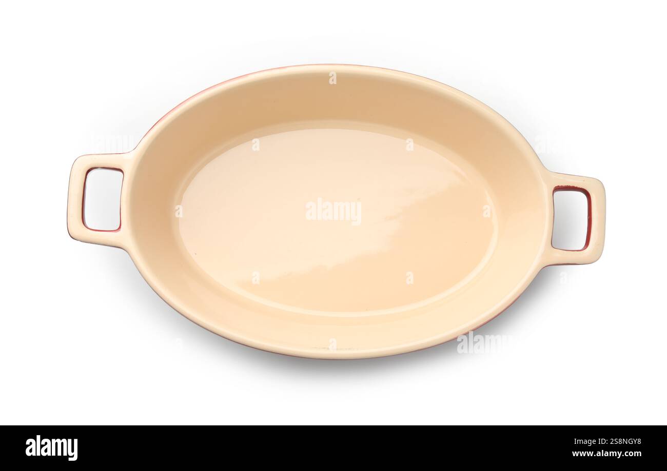 Une casserole en céramique isolée sur blanc, vue de dessus. Ustensile de cuisson Banque D'Images