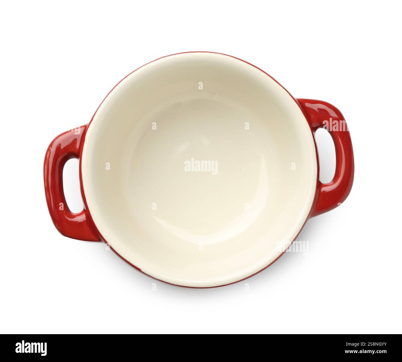 Une casserole en céramique isolée sur blanc, vue de dessus. Ustensile de cuisson Banque D'Images