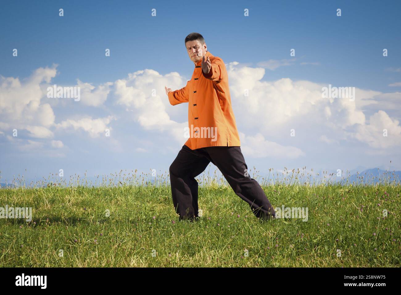 Un homme faisant Qi-Gong en pleine nature Banque D'Images