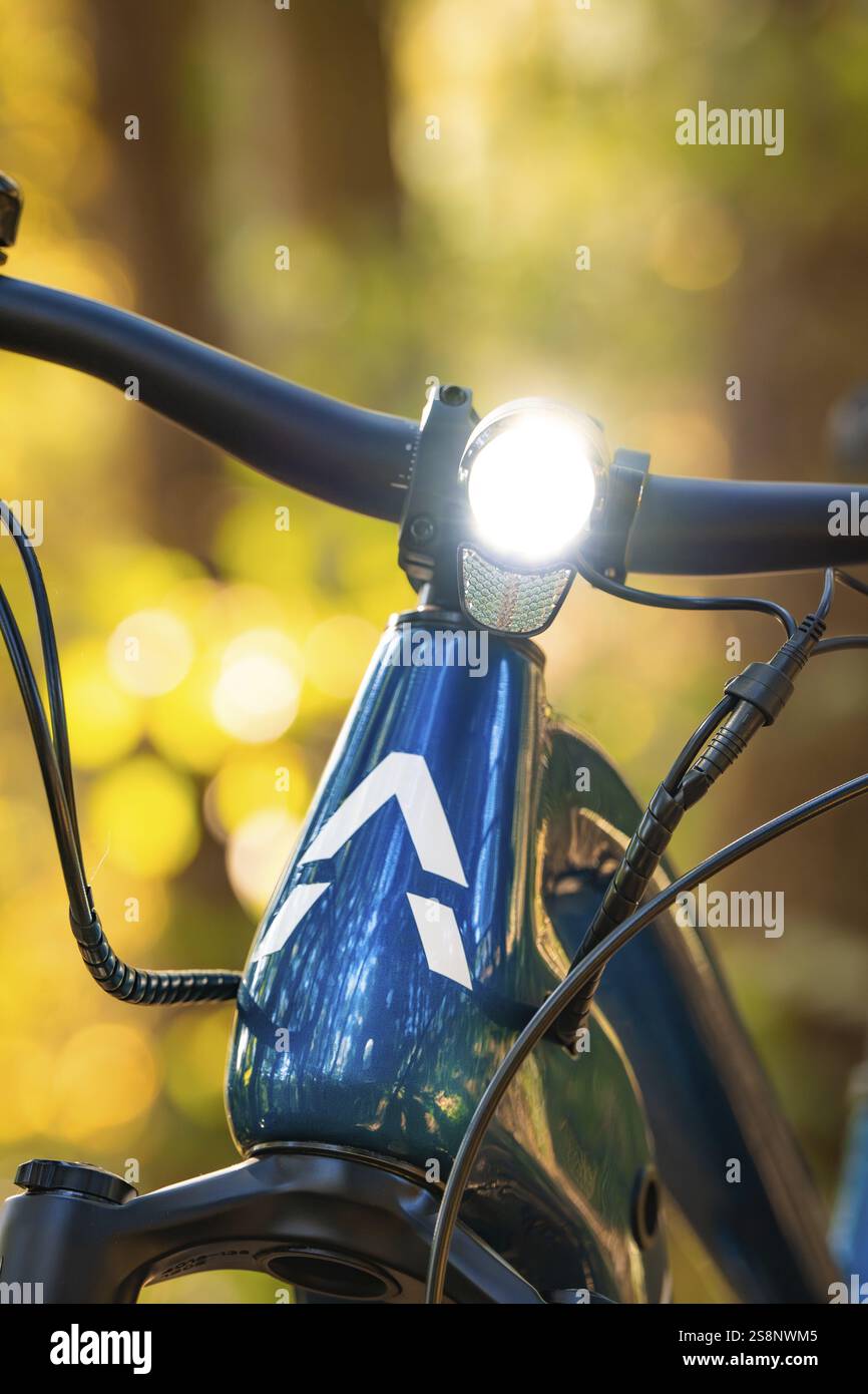 Gros plan d'un vélo avec lumière avant allumée dans la forêt, e-bike, vélo forestier, Calw, quartier de Calw, forêt Noire, Allemagne, Europe Banque D'Images