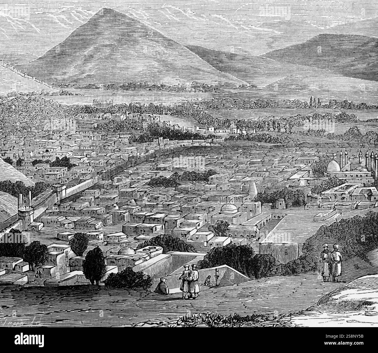 Paysage urbain de Kaboul au XIXe siècle, vue d'en haut, capitale, mosquée, minarets, paysage de montagne, les gens, voyager en Asie, Afghanistan, histo Banque D'Images