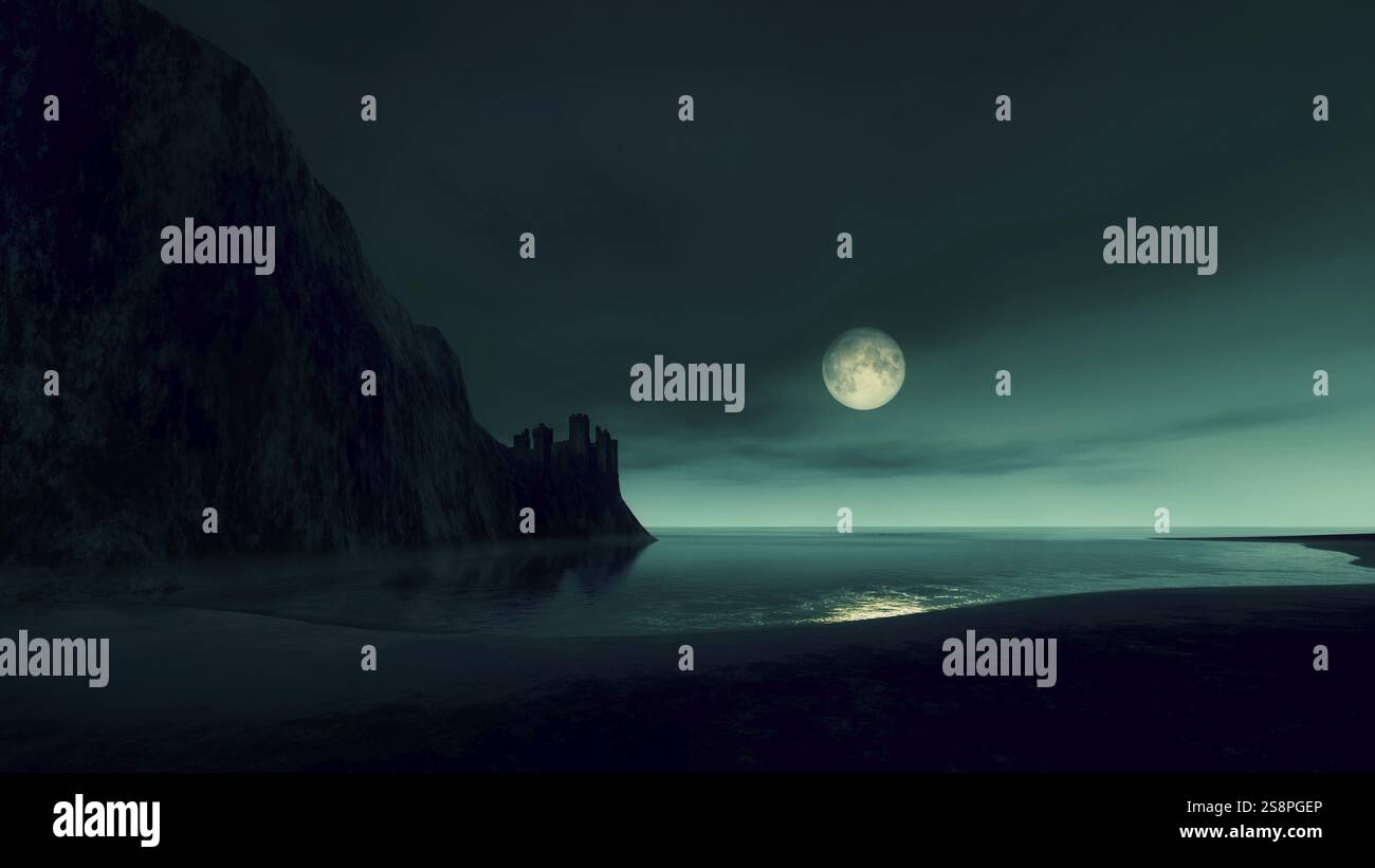 Pleine lune à l'océan avec château perdu par la nuit illustration 3D. Banque D'Images