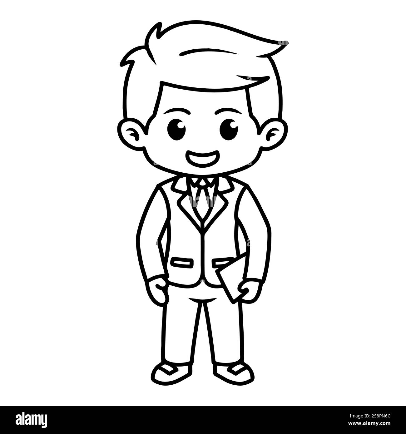 chibi mascotte personnage d'un homme portant un costume de bureau debout et tenant un ordinateur portable dans l'art de la ligne noire Illustration de Vecteur