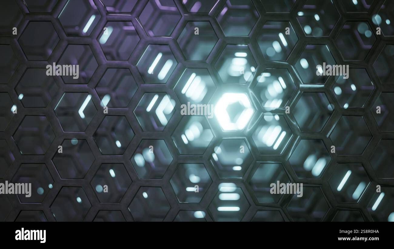 Fond hexagonal de réflexions de lumière de science-fiction. Illustration 3D. Banque D'Images