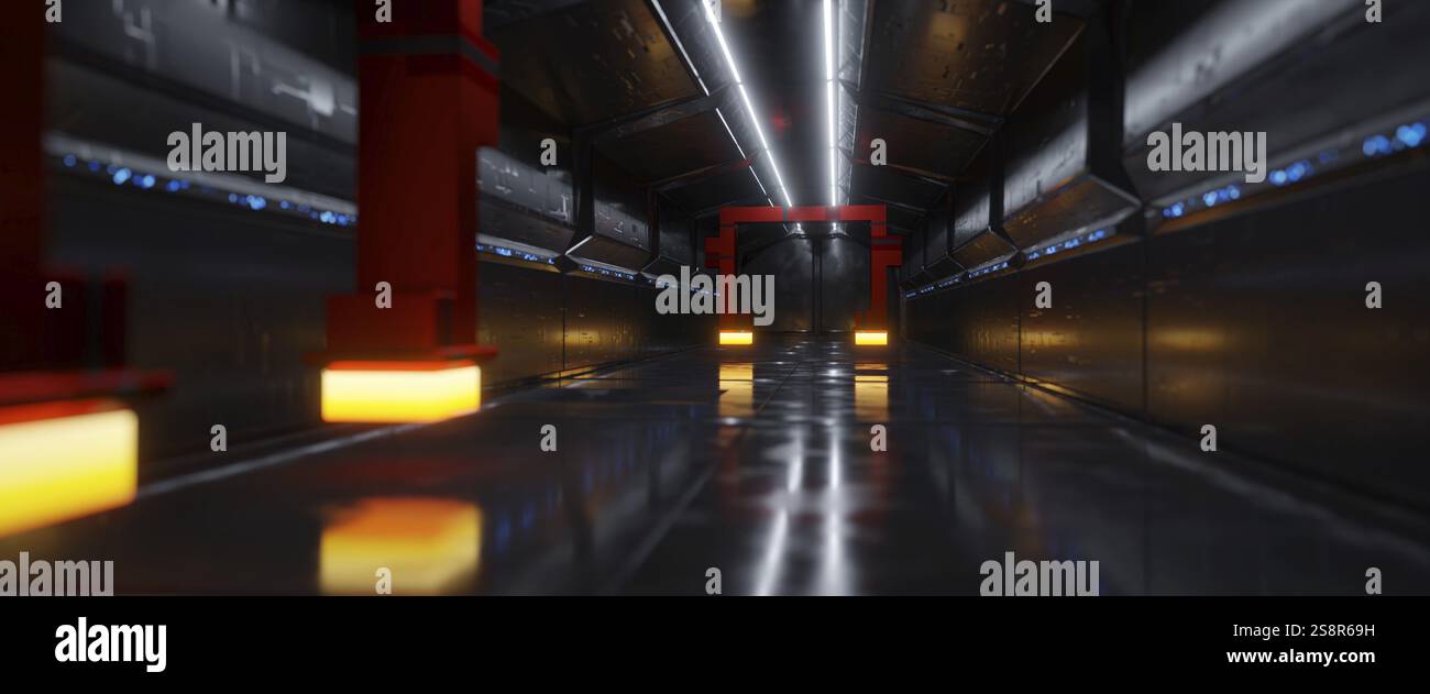 Un tunnel sifi avec des lampes au néon. 3D illustration Banque D'Images