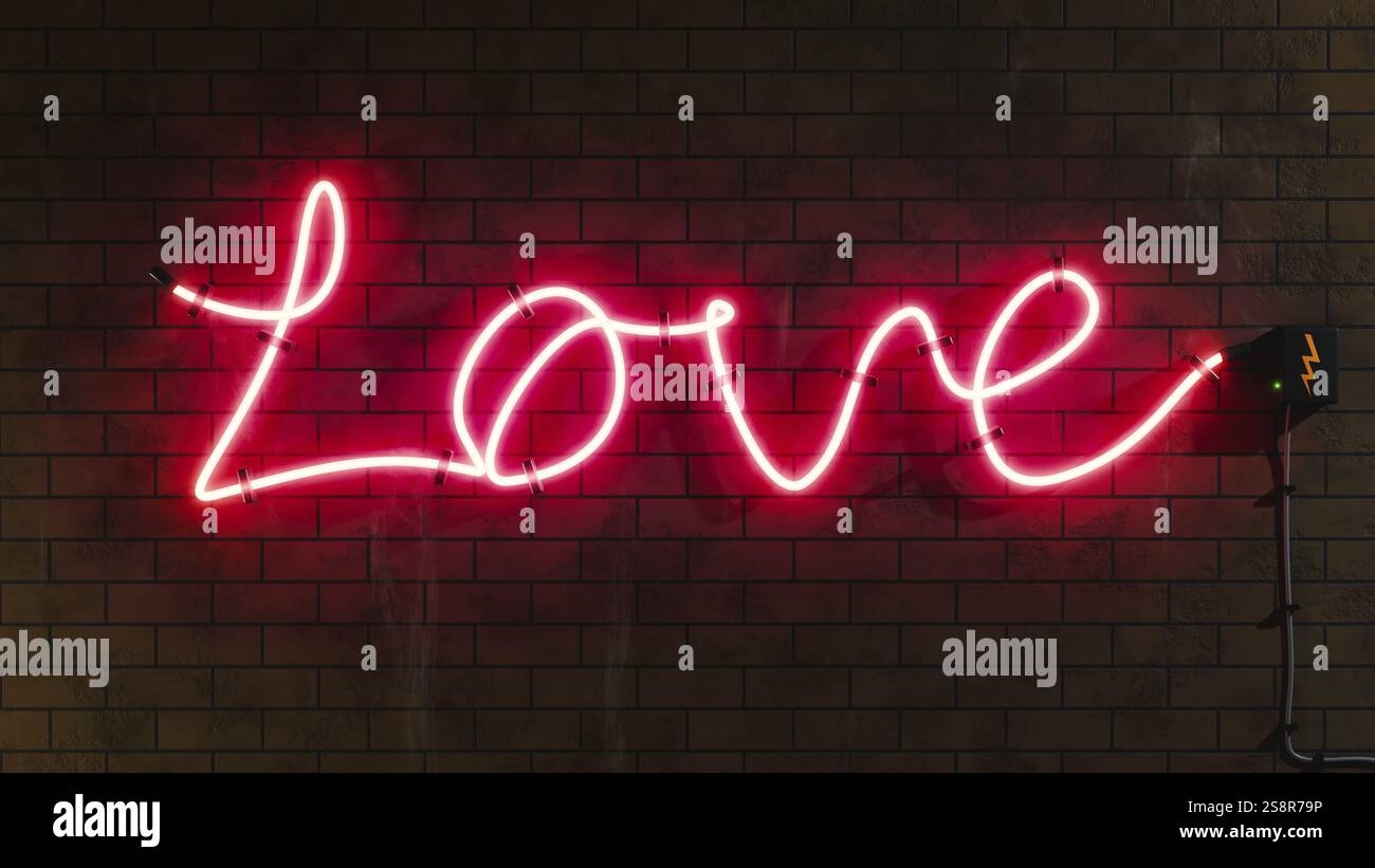 Lettres de néon de signe d'amour à une illustration 3D de mur de briques Banque D'Images