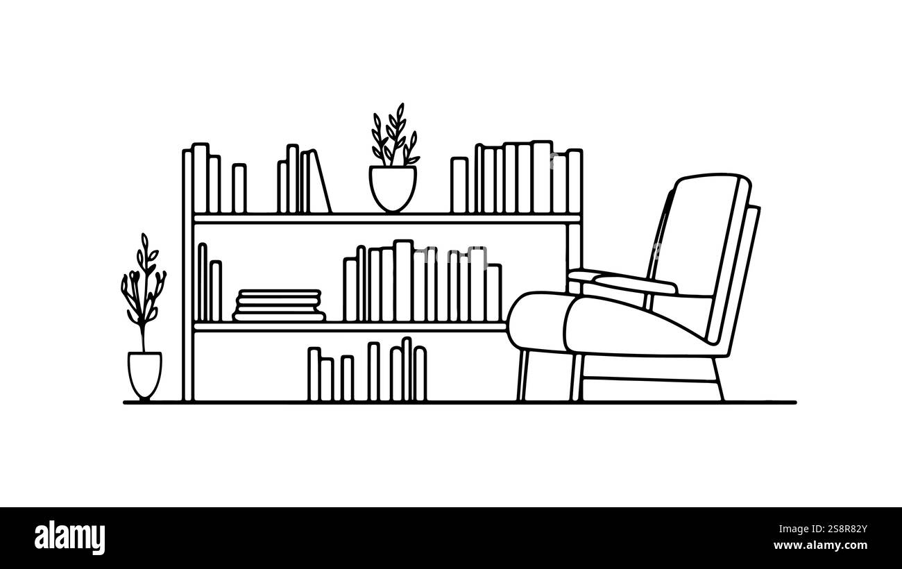 Bibliothèque livres décoration. Mobilier moderne de salon avec fauteuil. Décoration d'intérieur pot de plantes. Coin lecture confortable, dessin au trait simple minimaliste Illustration de Vecteur