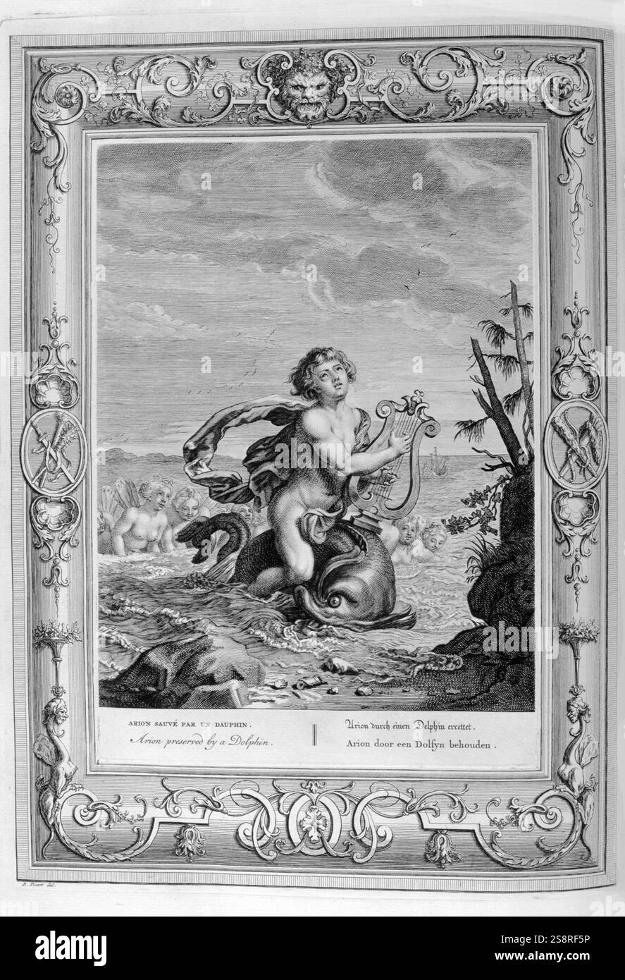 Arion sur le dauphin. Gravure représentant Jason et les Argonautes. Illustration gravée tirée de 'le Temple des Muses', 1733. Ce livre représente des événements remarquables de l'Antiquité dessinés et gravés par Bernard Picart (1673-1733). Banque D'Images