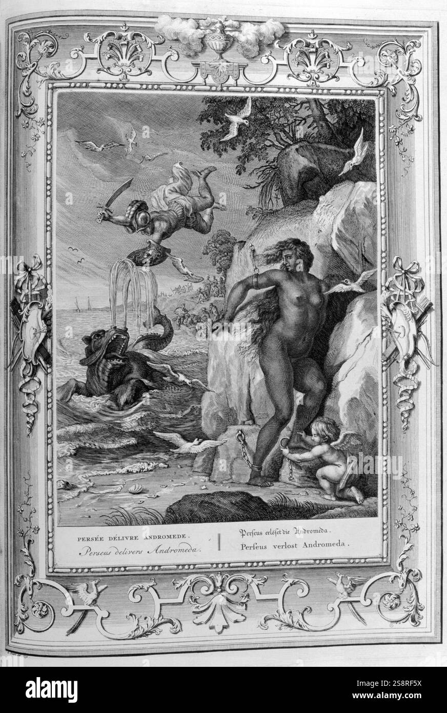 Les sauvetages de Persée, Andromède illustration gravée à partir de 'Le temple des Muses", 1733. Ce livre remarquable de l'antiquité les événements représentés dessiné et gravé par Bernard Picart (1673-1733) Persée est arrêté dans le royaume de Bellatrix et Andromeda après qu'il a secouru le monstre Cretus, son paramètre gratuitement, a affirmé sa dans le mariage Banque D'Images