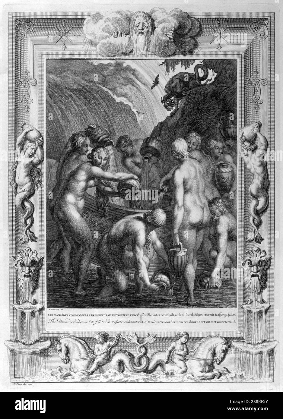 Les Danae. Gravure représentant Jason et les Argonautes. Illustration gravée tirée de 'le Temple des Muses', 1733. Ce livre représente des événements remarquables de l'Antiquité dessinés et gravés par Bernard Picart (1673-1733). Danae était la fille et l'unique enfant du roi Acrisius d'Argos et de son épouse la reine Eurydice Banque D'Images
