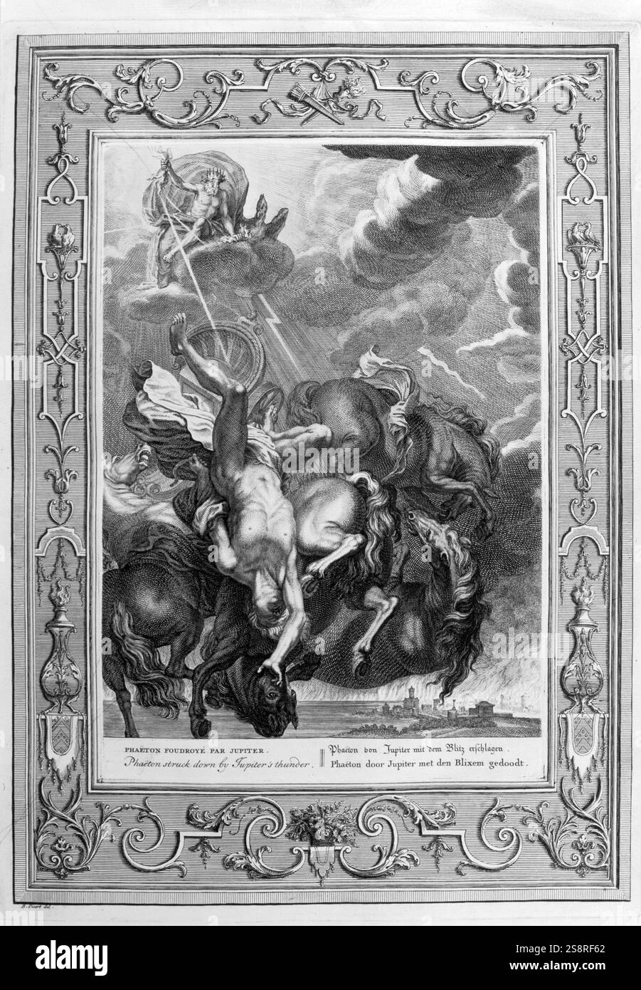 La chute de Phaéton. Gravure représentant Jason et les Argonautes. Illustration gravée tirée de 'le Temple des Muses', 1733. Ce livre représente des événements remarquables de l'Antiquité dessinés et gravés par Bernard Picart (1673-1733). Banque D'Images