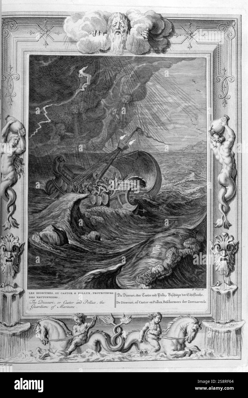 Castor et Pollux. Gravure représentant Jason et les Argonautes. Illustration gravée tirée de 'le Temple des Muses', 1733. Ce livre représente des événements remarquables de l'Antiquité dessinés et gravés par Bernard Picart (1673-1733). Dans la mythologie grecque et romaine, Castor et Pollux étaient des frères jumeaux, connus ensemble sous le nom de Dioskouroi ou mère était Léda, mais ils avaient des pères différents ; Castor était le fils mortel de Tyndareus, le roi de Sparte, tandis que Pollux était le fils divin de Zeus, qui séduisait Léda sous la forme d'un cygne Banque D'Images