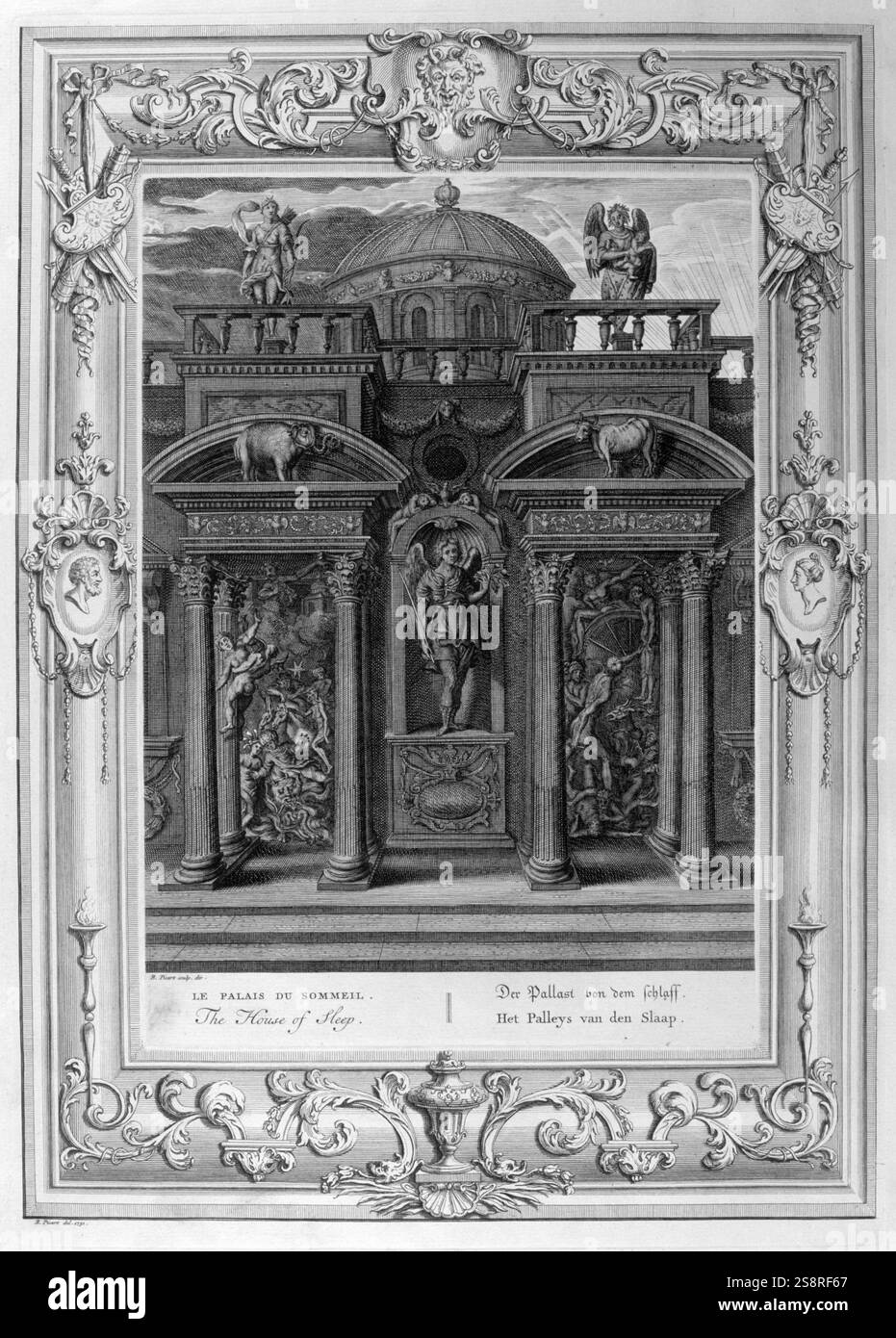 La Maison du sommeil. Gravure représentant Jason et les Argonautes. Illustration gravée tirée de 'le Temple des Muses', 1733. Ce livre représente des événements remarquables de l'Antiquité dessinés et gravés par Bernard Picart (1673-1733). Banque D'Images