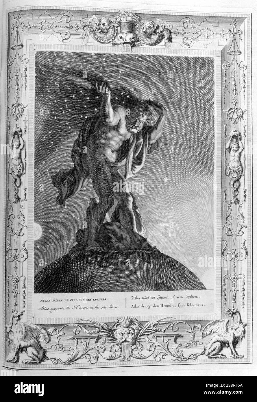 Les cieux de l'Atlas prend en charge sur ses épaules, illustration gravée à partir de 'Le temple des Muses", 1733. Ce livre remarquable de l'antiquité les événements représentés dessiné et gravé par Bernard Picart (1673-1733) Banque D'Images