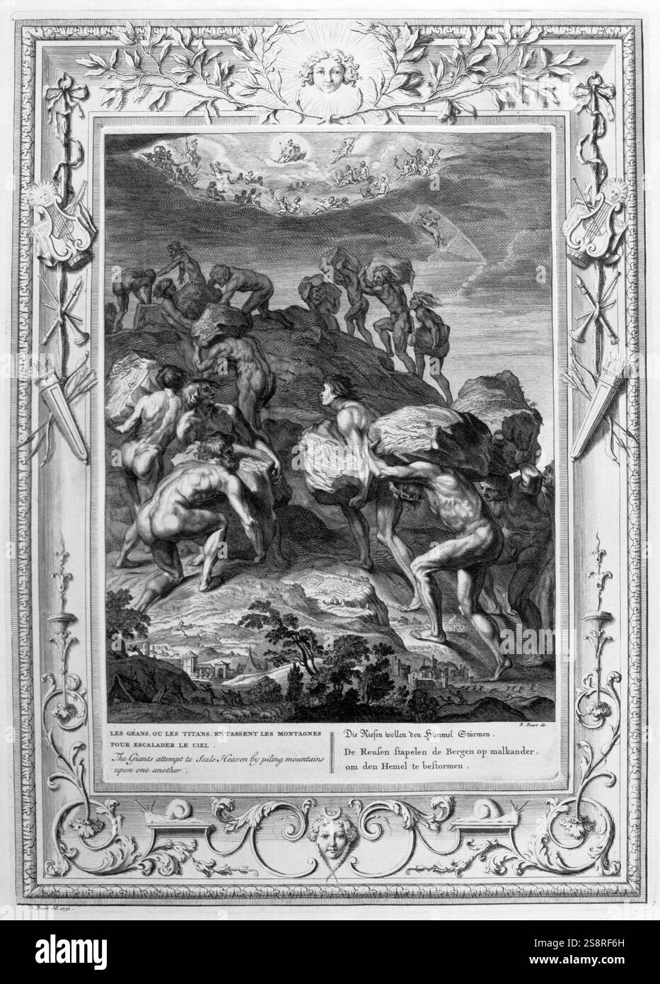 Les Titans. Illustration gravée à partir de 'Le temple des Muses", 1733. Ce livre remarquable de l'antiquité les événements représentés dessiné et gravé par Bernard Picart (1673-1733). Dans la mythologie grecque, les Titans étaient membres de la deuxième génération d'êtres divins, en ordre décroissant de la divinités primordiales et précédant les divinités de l'Olympe. Banque D'Images