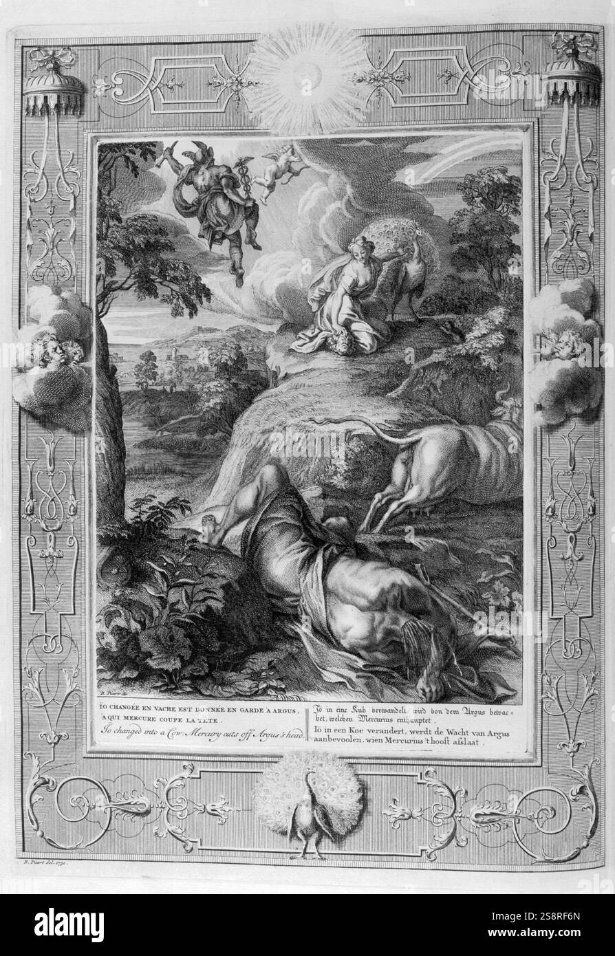 Io (dans la mythologie grecque), fille d'Inachus, et l'amant de Zeus, s'est transformé en vache. Illustration gravée à partir de 'Le temple des Muses", 1733. Ce livre remarquable de l'antiquité les événements représentés dessiné et gravé par Bernard Picart (1673-1733). Banque D'Images
