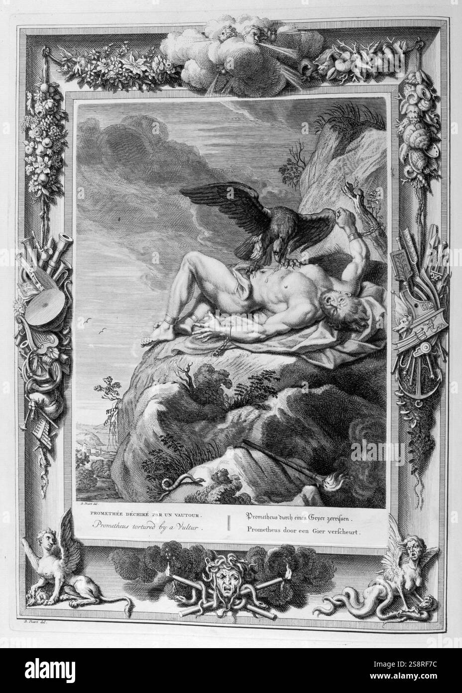 Prométhée dévoré par l'aigle. Illustration gravée à partir de 'Le temple des Muses", 1733. Ce livre remarquable de l'antiquité les événements représentés dessiné et gravé par Bernard Picart (1673-1733). Dans la mythologie grecque, Prométhée est la divinité qui était le créateur de l'homme et de son plus grand bienfaiteur, celui qui vole le feu du mont Olympe et le donna à l'humanité. Prométhée, dans la punition éternelle, est enchaîné à un rocher dans le Caucase, la montagne ou la montagne de Kazbek Khvamli, où son foie est consommée quotidiennement par un aigle Banque D'Images