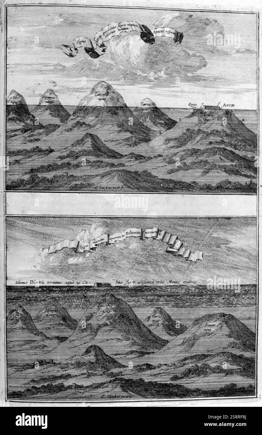 La grande inondation de arca Noe, (bâtiment de l'arche), par Athanase Kircher (1602-1680). Amsterdam 1675 publié. Athanase Kircher, un jésuite, était un polymathe et jésuite. La Noë Arca était fondée sur une stricte orthodoxie catholique. Il y décrit l'état Banque D'Images