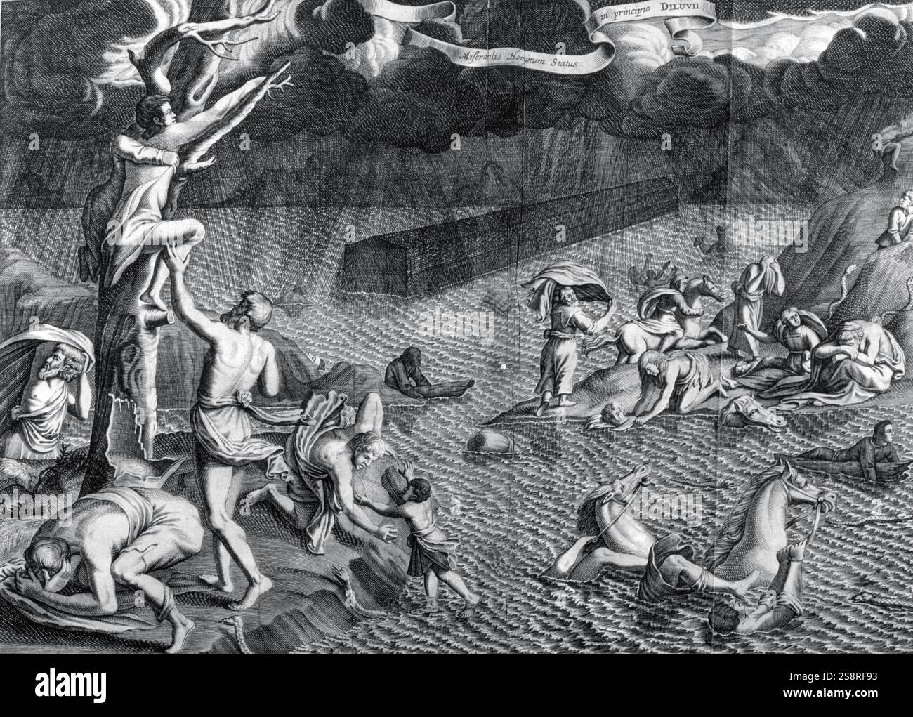 La grande inondation de arca Noe, (bâtiment de l'arche), par Athanase Kircher (1602-1680). Amsterdam 1675 publié. Athanase Kircher, un jésuite, était un polymathe et jésuite. La Noë Arca était fondée sur une stricte orthodoxie catholique. Il y décrit l'état Banque D'Images
