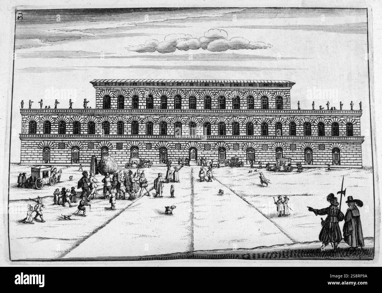 Porte de ville entrant dans Paris, France. Illustration de l'architecture du xviie siècle livre 'Architectura Curiosa Nova' 1664, par Bocklern Georgium Banque D'Images