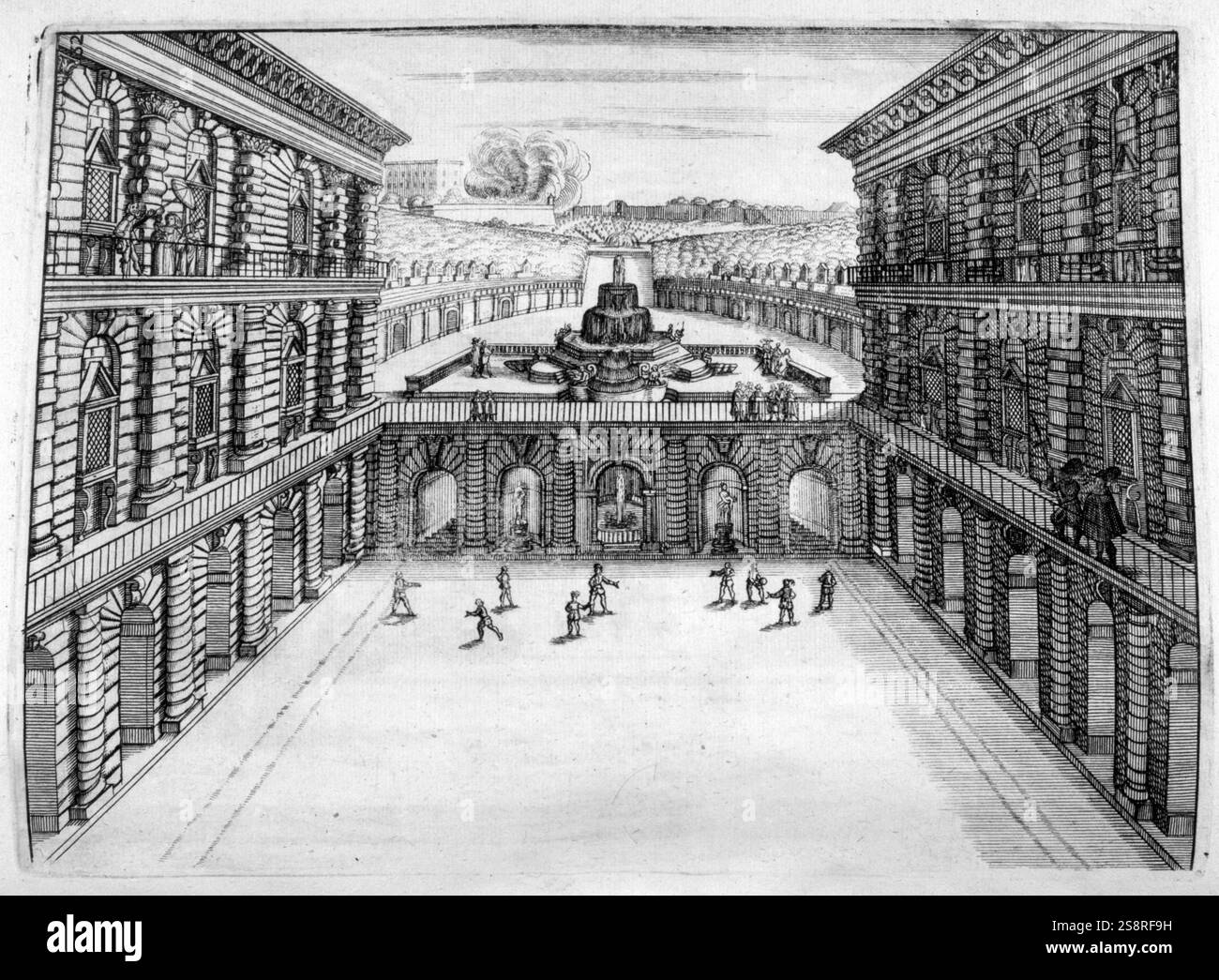 Fontaine et jardin ; Illustration de l'architecture du xviie siècle livre 'Architectura Curiosa Nova' 1664, par Bocklern Georgium Banque D'Images