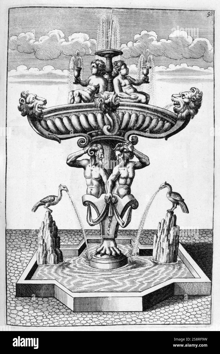 Fontaine à Paris France. Illustration de l'architecture du xviie siècle livre 'Architectura Curiosa Nova' 1664, par Bocklern Georgium Banque D'Images