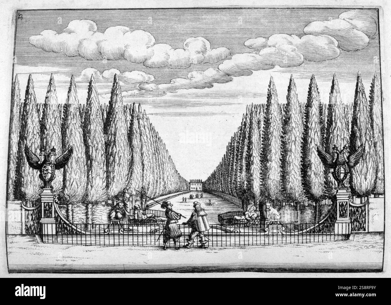 Canal dans Paris, France. Illustration de l'architecture du xviie siècle livre 'Architectura Curiosa Nova' 1664, par Bocklern Georgium Banque D'Images