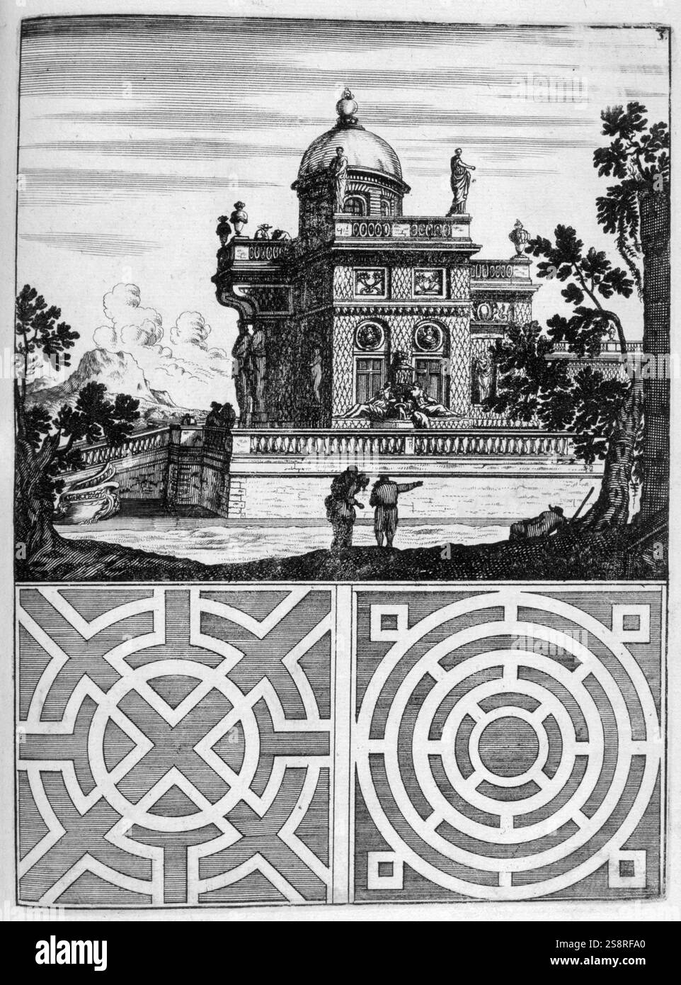 Maison de campagne avec plan pour un jardin. pour l'illustration de l'architecture du xviie siècle livre 'Architectura Curiosa Nova' 1664, par Bocklern Georgium Banque D'Images