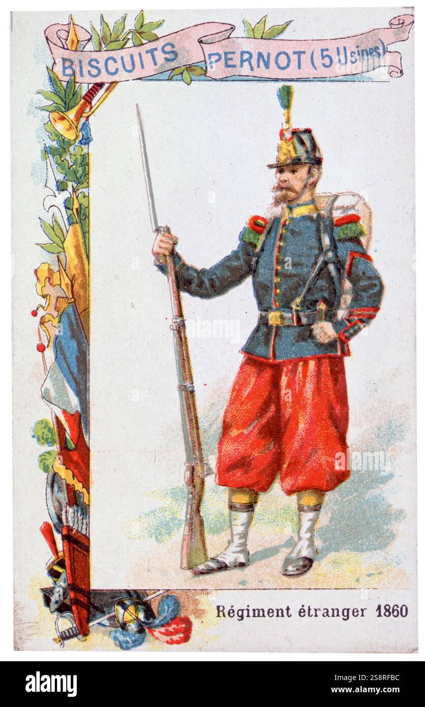 Légion étrangère française, soldat représenté sur une carte postale pour Biscuits Pernot 1860 Banque D'Images