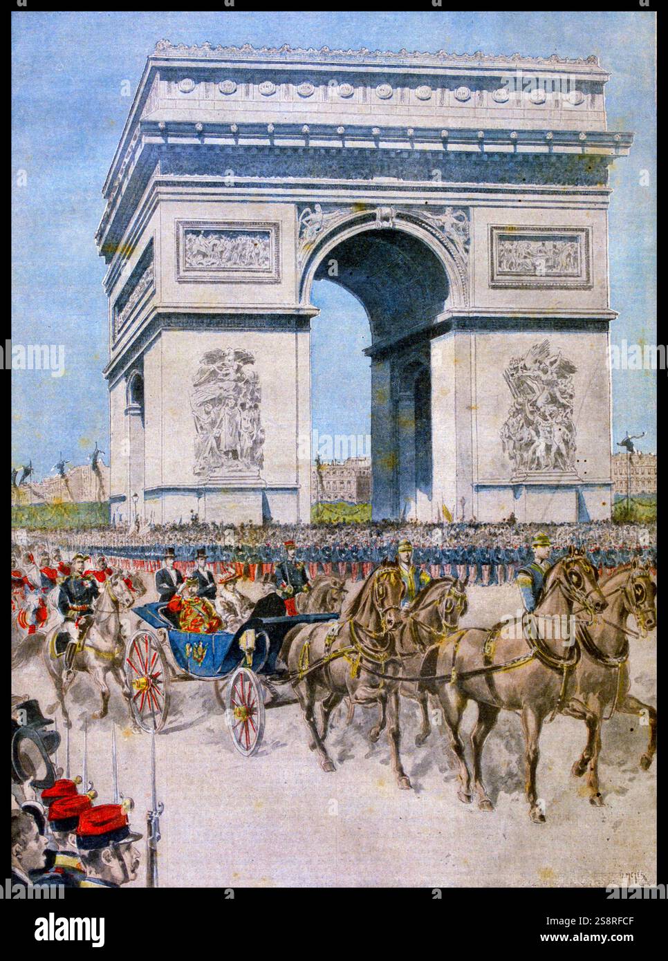 L'Alliance franco-russe. Le Tsar Nicolas II, accompagné de l'impératrice Alexandra et le Président Faure, lride par l'Arc de Triomphe 'Le Petit Journal', Paris, 1896. Banque D'Images