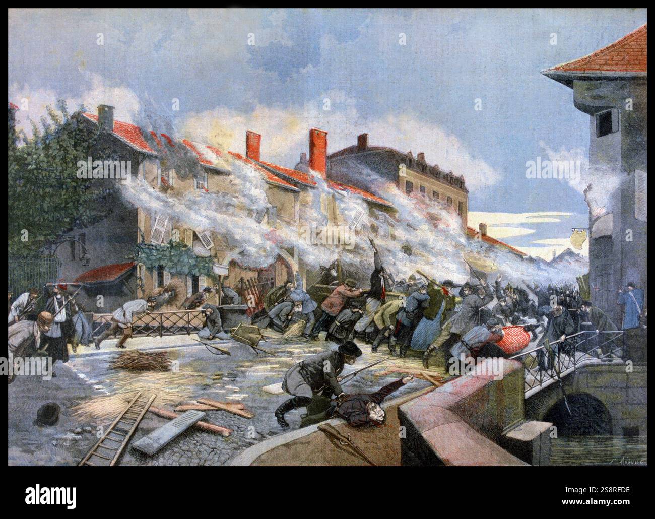 Le 9 octobre 1870, les fortifications contre les envahisseurs Prussiens, Rambervillers, est de la France 1870 : 200 gardes nationaux ont tenu une journée contre 2 000 Allemands. Leur courage a valu à la ville la médaille de la Légion d'honneur, et a donné son nom à une rue de Paris (dans le 12e arrondissement). Banque D'Images Le 9 octobre 1870, les fortifications contre les envahisseurs Prussiens, Rambervillers, est de la France 1870 : 200 gardes nationaux ont tenu une journée contre 2 000 Allemands. Leur courage a valu à la ville la médaille de la Légion d'honneur, et a donné son nom à une rue de Paris (dans le 12e arrondissement). Banque D'Images