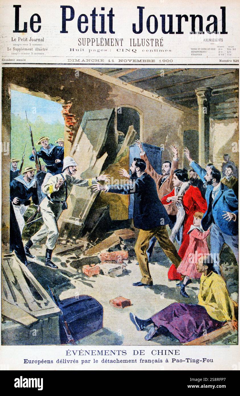 Le détachement naval français sauve des missionnaires lors de la rébellion des Boxers 1900. Le soulèvement des Boxers ou mouvement Yihequan est un soulèvement violent anti-étranger et anti-chrétien qui a eu lieu en Chine entre 1899 et 1901, vers la fin de la dynastie Qing. Elle a été initiée par la milice unie dans la justice (Yihetuan), connue en anglais sous le nom de « Boxers », et était motivée par des sentiments proto-nationalistes et l'opposition à l'expansion impérialiste et à l'activité missionnaire chrétienne associée. Dans 'le petit Journal', 11 novembre 1900 Banque D'Images