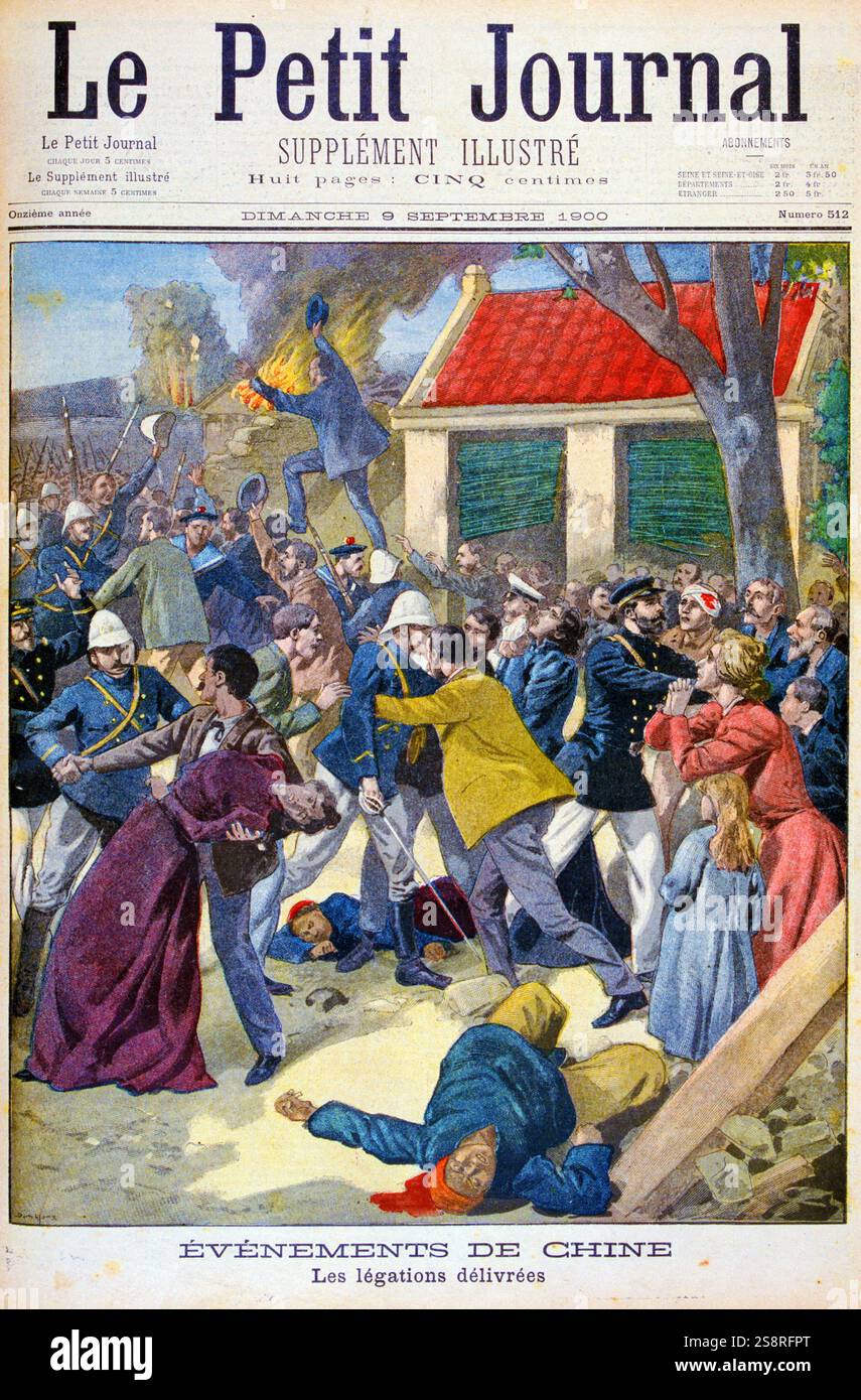 Les forces françaises secourent des diplomates et des familles pendant la rébellion des Boxers de 1900. Le soulèvement des Boxers ou mouvement Yihequan est un soulèvement violent anti-étranger et anti-chrétien qui a eu lieu en Chine entre 1899 et 1901, vers la fin de la dynastie Qing. Elle a été initiée par la milice unie dans la justice (Yihetuan), connue en anglais sous le nom de « Boxers », et était motivée par des sentiments proto-nationalistes et l'opposition à l'expansion impérialiste et à l'activité missionnaire chrétienne associée. Dans 'le petit Journal', 9 septembre 1900 Banque D'Images