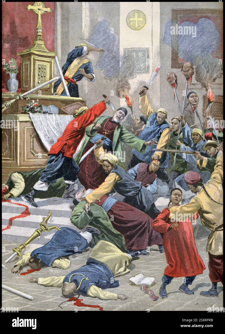 Rebelles Boxer commettre des atrocités dans la cathédrale à Mukden en Mandchourie, Chine 1900. La Révolte des Boxers ou Yihequan. était un mouvement anti-étrangers violents et soulèvement anti-chrétiens qui ont eu lieu en Chine entre 1899 et 1901, vers la fin de la dynastie Qing. Il a été lancé par l'Organisation des milices dans la justice (Yihetuan), connu en anglais comme le 'Boxers', et a été motivée par des proto-sentiments nationalistes, et l'opposition à l'expansion impérialiste et l'activité missionnaire chrétienne associés. Banque D'Images