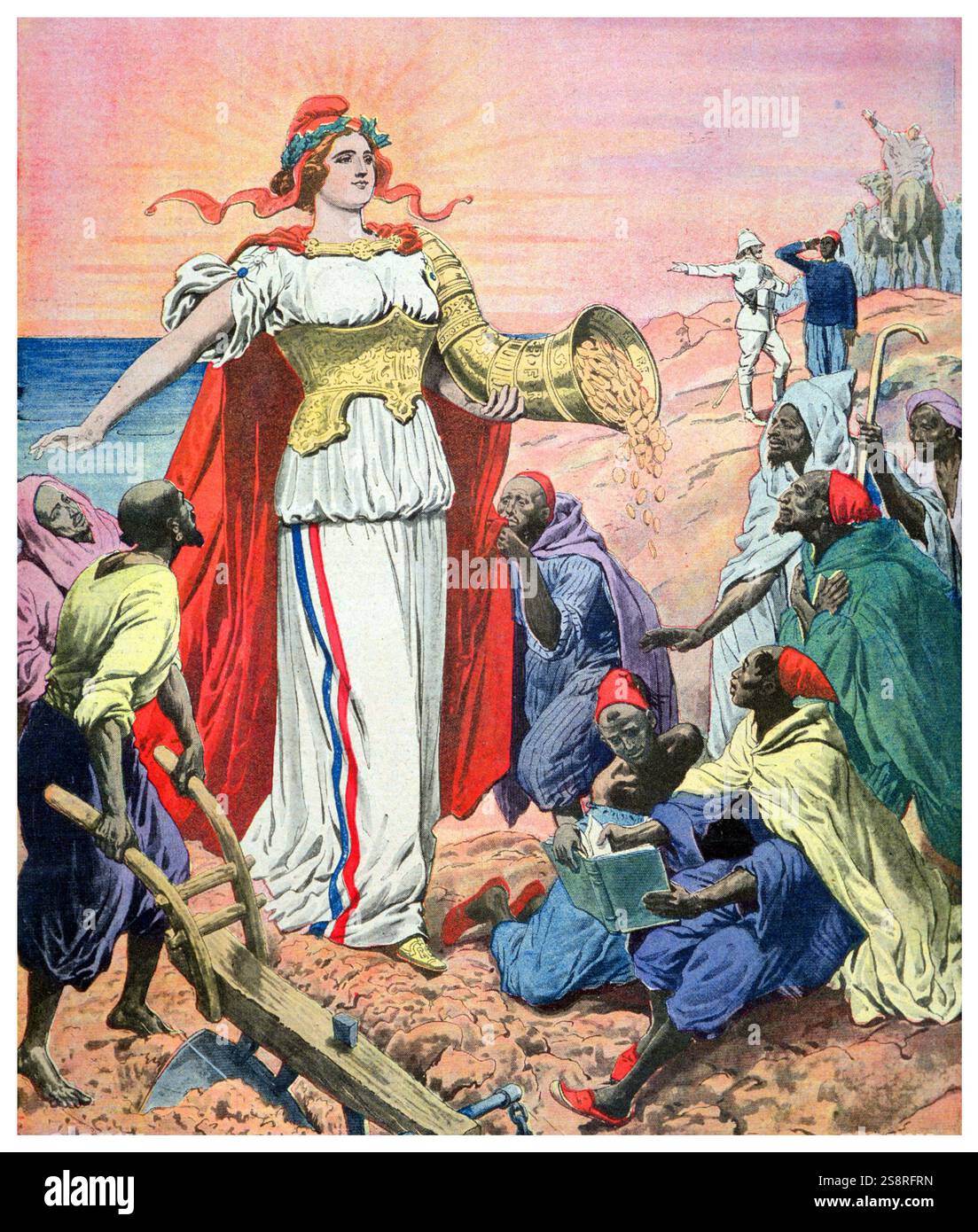 Illustration représentant la France comme le bienfaiteur de richesses pour le peuple du Maroc ; illustration de 'Le Petit Journal' 1911 Banque D'Images